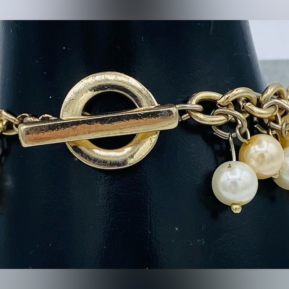 Elegant Gold Tone Faux Pearl Beads & Gold Beads W/ Rhinestone Cha Cha Bracelet - Picture 4 of 9